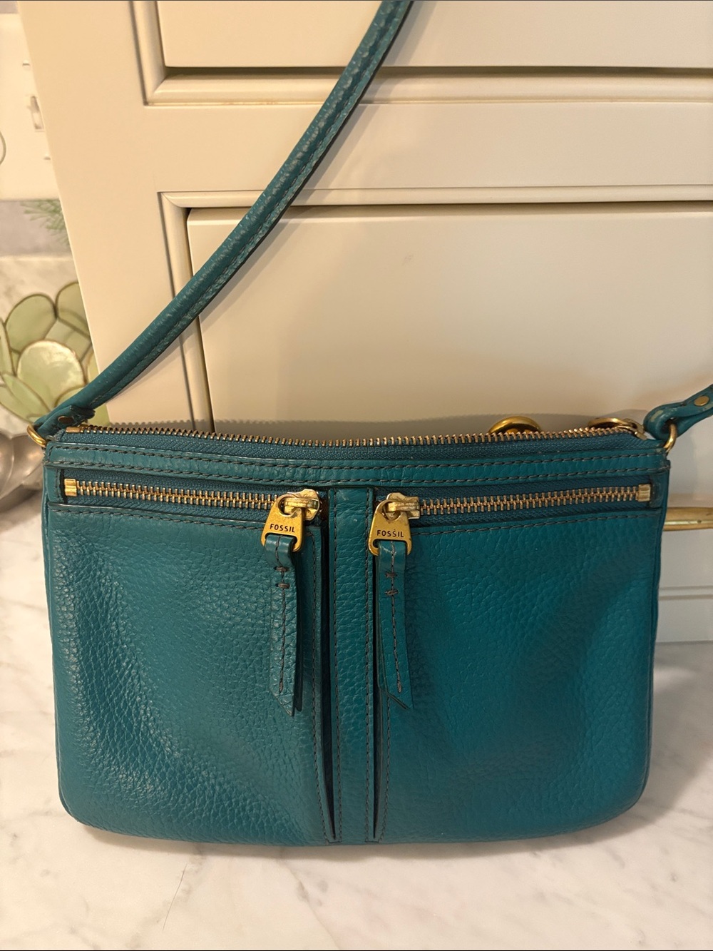Fossil Teal Pebbled Leather Crossbody with Gold Hardware